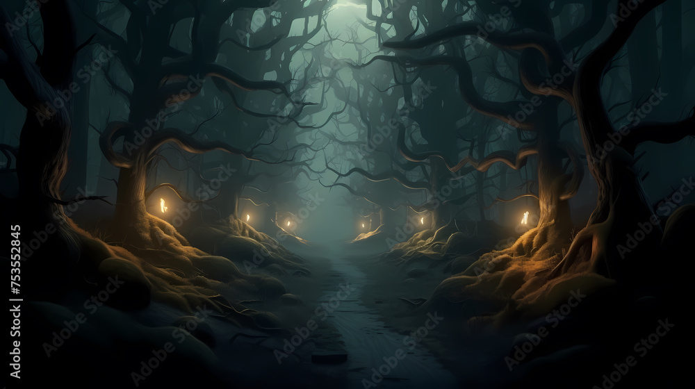 Foggy dark forest path scary melancholy background - obrazy, fototapety, plakaty 