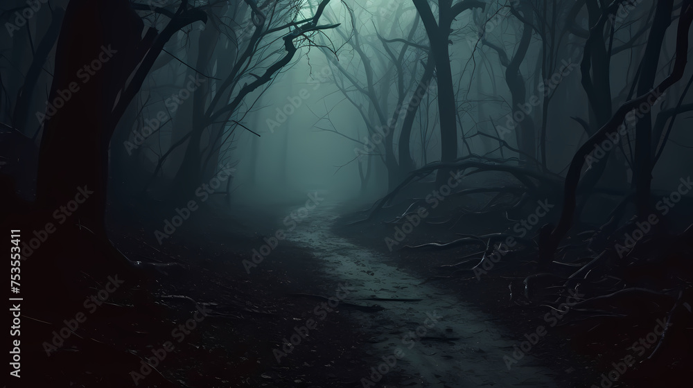 Foggy dark forest path scary melancholy background Foggy dark forest path scary melancholy background