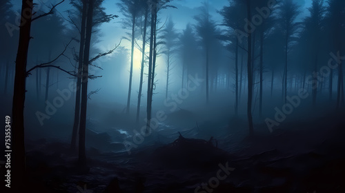 Foggy dark forest path scary melancholy background