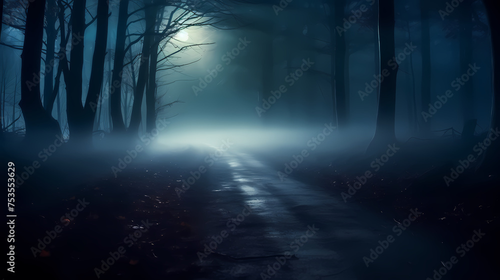 Fototapeta premium Foggy dark forest path scary melancholy background