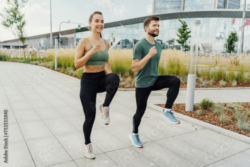 Fototapeta Naklejka Na Ścianę i Meble -  Energetic couple jogging together in an urban area with modern architecture in the background.