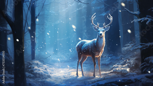 Fallow deer in the winter forest with lights and snow © Cedar