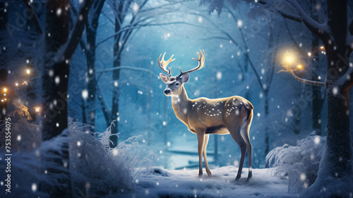 Fallow deer in the winter forest with lights and snow