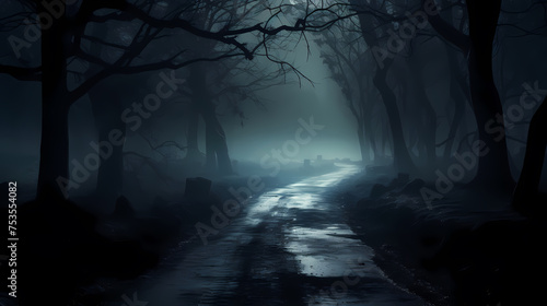 Foggy dark forest path scary melancholy background