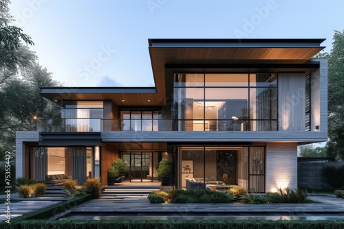 A modern minimalist house standing tall amidst the bustling cityscape © Boinah
