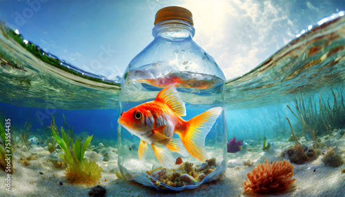 Close-up of a goldfish inside a plastic bottle on the seabed, plastic and micro plastics pollution concept. Generative Ai.