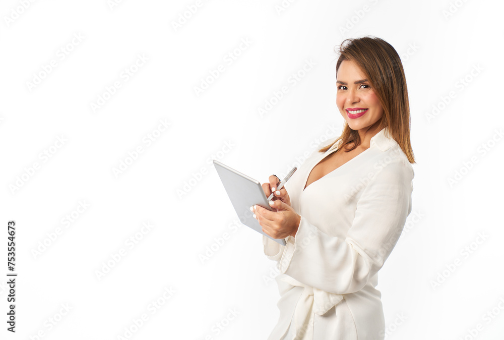 smiling latina woman working with pen on digital tablet isolated on white background smiling latina woman working with pen on digital tablet isolated on white background