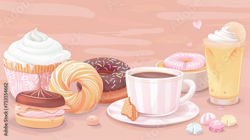 Hot drinks  sweets and pastries in gentle pastel tones.Vector illustration