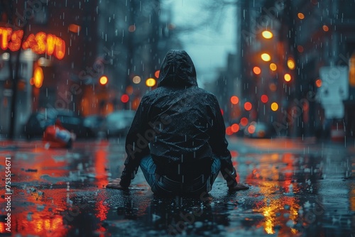 A solitary figure sits on a wet street, surrounded by the vibrant lights of a city at night, reflecting on the rain-soaked ground