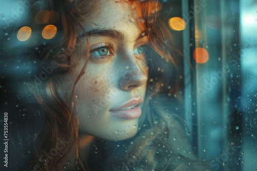 Poetic scene of a young woman gazing through a window with raindrops