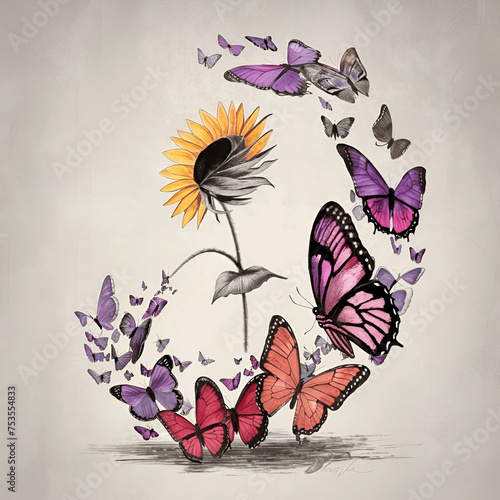 Tournesol et papillons minimalistes : illustration captivante au crayon au fusain avec un attrait vintage