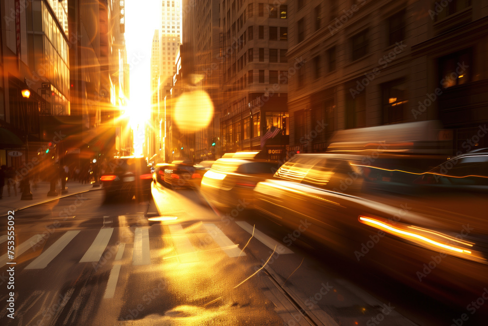 Traffic in the city, golden hour, strong motion blur. Created with Generative AI technology.