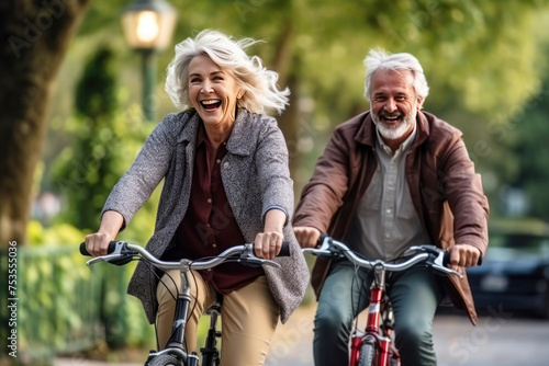 Elderly couple riding bicycles in a city park, having fun and spending time together, leading an active lifestyle