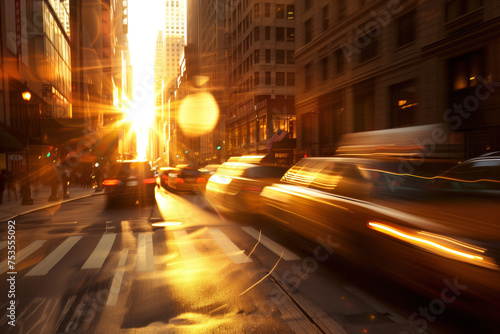 Traffic in the city  golden hour  strong motion blur. Created with Generative AI technology.