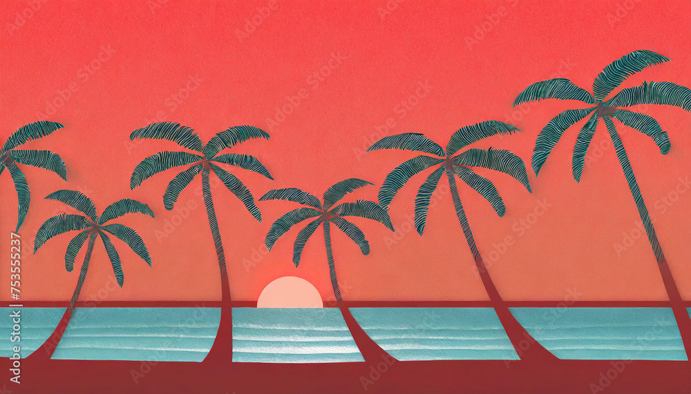 Coconut trees on the sea beach during sunset, paper cut art.	