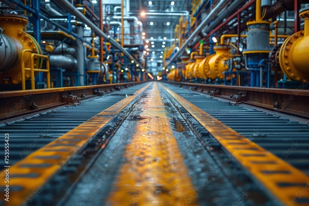 The image captures a perspective view of a railroad track running through an industrial factory with vibrant details and colors