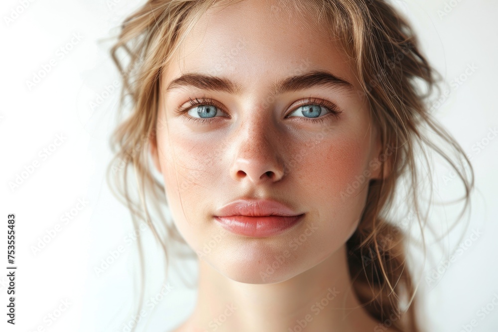 Portrait of a young woman with natural makeup, freckles, and tousled hair on a white or grey background. Portrait of a young woman with natural makeup, freckles, and tousled hair on a white or grey background.