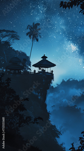 Balinese silence day Nyepi poster and stories background 9:16 with night temple silhouette on a hill and starry sky in dark blue colours © art_of_sun