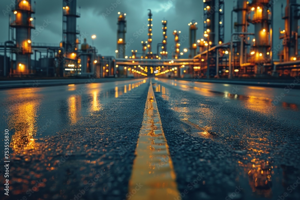 Low-angle view of road lined with illuminated petrochemical towers against a stormy sky at dusk