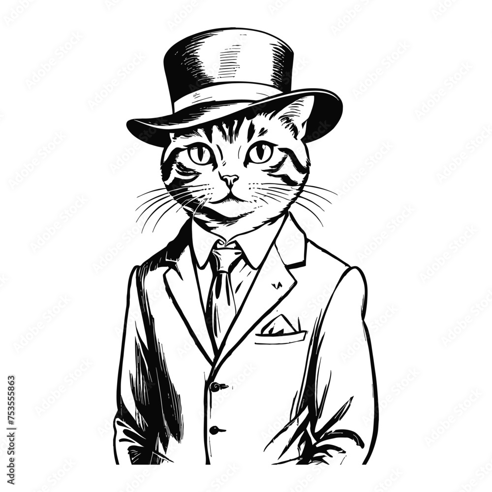Anthro Humanoid British Shorthair Cat Wearing Business Suite and Hat Old Retro Vintage Engraved Ink Sketch Hand Drawn Line Art
