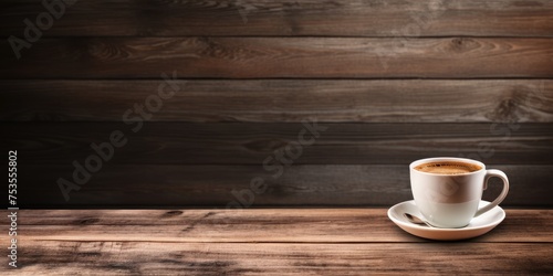 Coffee cup on wooden table indoors with space for text.