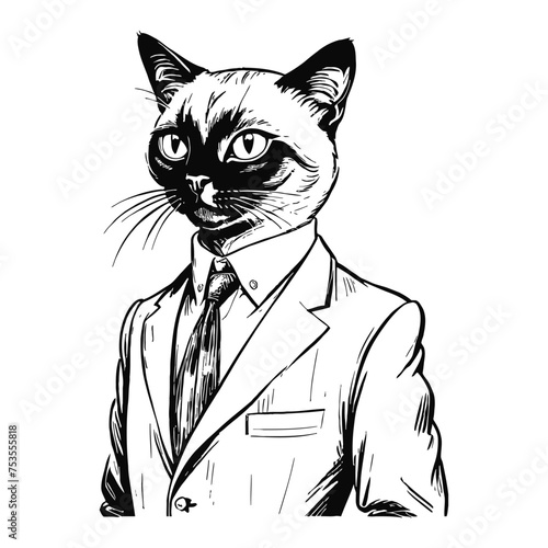 Anthro Humanoid Siamese Cat Wearing Business Suite Old Retro Vintage Engraved Ink Sketch Hand Drawn Line Art
