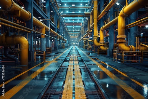 This image showcases a clean and empty industrial corridor with an array of yellow pipes and steel beams