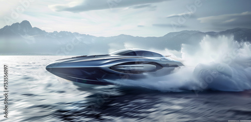 High-Speed Concept Speedboat on Ocean. Concept speedboat cuts through waves, mountainous backdrop.
