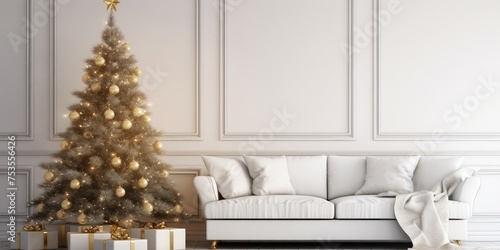 White sofa and Christmas tree in living room during Christmas.