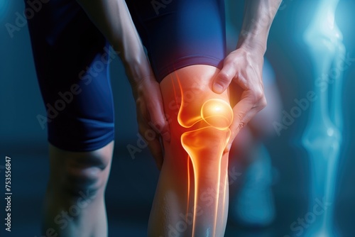 Digital composite of highlighted knee of man with pain. 