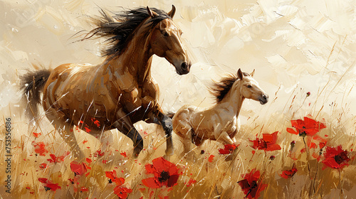 Art abstraction  plants  flowers  golden grains. Oil on canvas. Brush the paint. Animals  horses