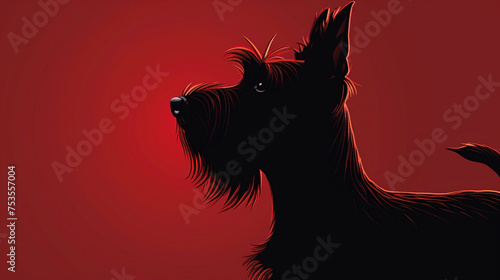 A proud Scottish Terrier with a distinctive silhouette, captured in vivid detail against a rich maroon background.