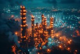 A night-time vista of an industrial oil refinery with numerous luminous towers amidst the fog
