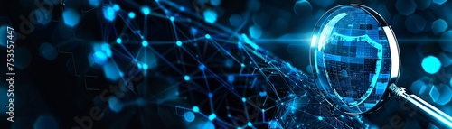 A digital illustration featuring a magnifying glass focusing on a secure blockchain network shield