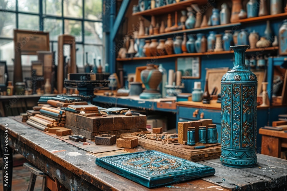An antique blue vase takes center stage in a rustic pottery workplace filled with tools and wooden crafts
