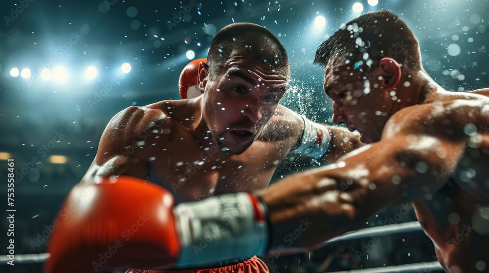 Capturing a pivotal moment in a boxing rivalry, this image highlights the intense showdown between two determined fighters in the spotlight of the ring. - obrazy, fototapety, plakaty 