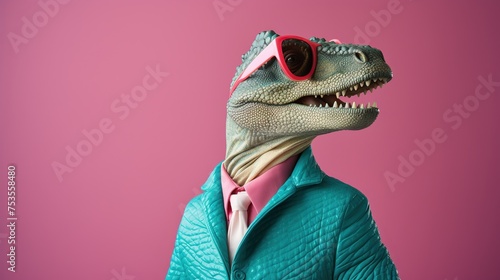 A dinosaur with a flair for the dramatic dons a cravat and jacket against a pink backdrop, creating a captivating image for artistic fashion pieces or avant-garde advertising. photo