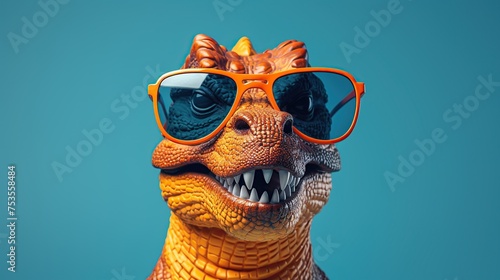 A cheerful dinosaur in orange sunglasses projects a lively and stylish persona, perfect for fun fashion editorials or playful brand personas.