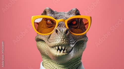 A T-Rex dons striking yellow glasses, bringing a playful edge to the modern trend of mixing whimsy with fashion, ideal for creative projects or humorous marketing campaigns.