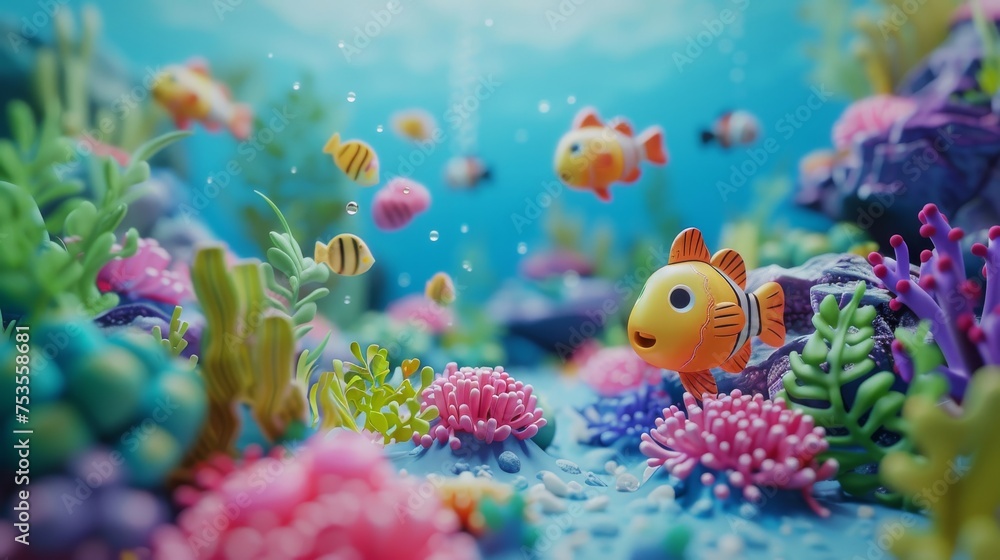 Obraz premium Vibrant underwater scene with colorful fish and coral reefs.