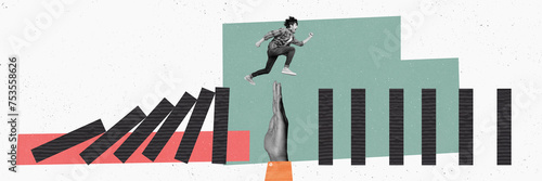 Photos Panoramic picture running persistent man jump over human hand palm overcome chal
