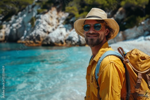 Smiling bearded man with sunglasses and a hat  standing on a rocky beach with clear blue water in the background