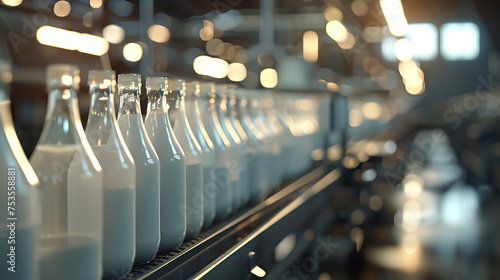 Automated Milk Bottling Process on Conveyor Belt