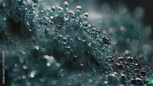 Video animation footage of close-up view of water droplets, possibly dew or rain, on a surface that is not clearly identifiable due to the focus on the droplets photo
