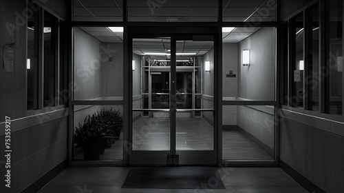 The outside of a project manager's office door in a black and white film noir style. © Nim