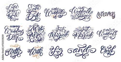 Hand lettering of wedding typography vector illustration set