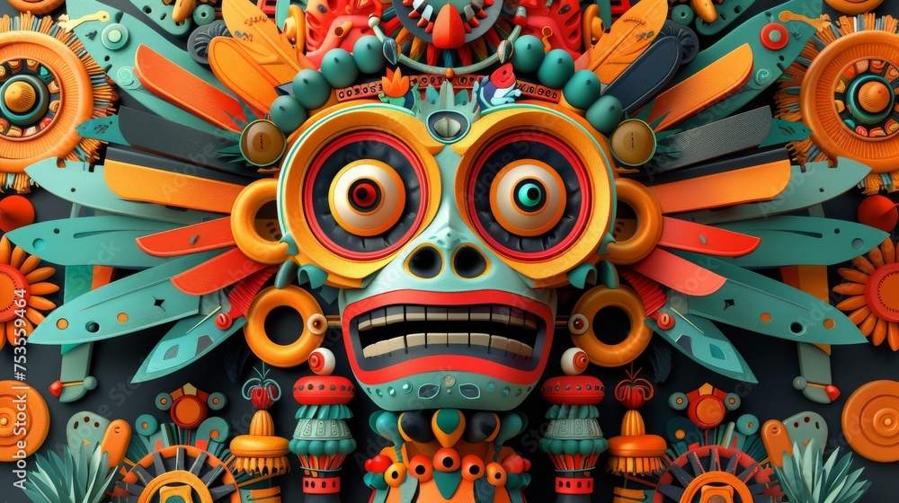 Fototapeta premium Complex mechanical totem face with intricate designs and vibrant colors.