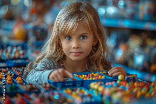 Cute blond girl with bright blue eyes playing intently with a colorful educational abacus toy