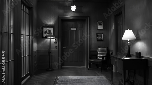 The outside of a project manager's office door in a black and white film noir style.