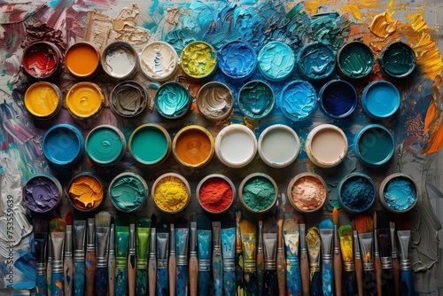 An array of vividly colored acrylic paints and various brushes arranged on a painter's palette, ready for artistic creation photo